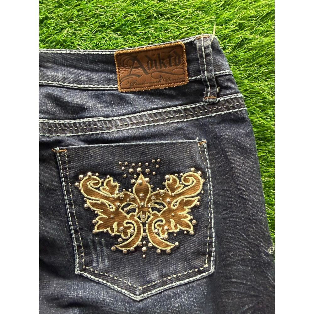 Adiktd Jeans Womens 8 W30 L35 Bootcut Dark Wash Fleur De Lis Studded Y2K Western - Picture 6 of 16